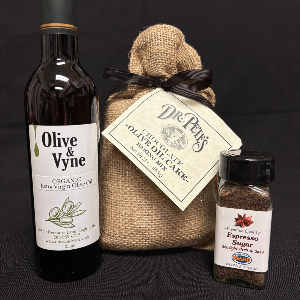 Dr. Pete’s Chocolate Olive Oil Cake Baking Mix with 375ml Organic Extra Virgin Olive Oil and Starlight Herb & Spice Espresso Sugar.