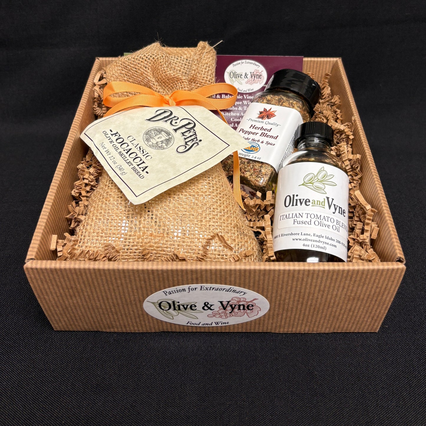 Classic Focaccia Bread Mix gift box with Italian Tomato Blend Fused Olive Oil, Herbed Pepper Blend, and coordinated gift packaging.