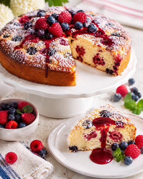 Round berry ricotta cake dusted with powdered sugar and topped with raspberries, blueberries, and a glossy raspberry balsamic drizzle, shown on a cake stand with a sliced piece plated nearby.