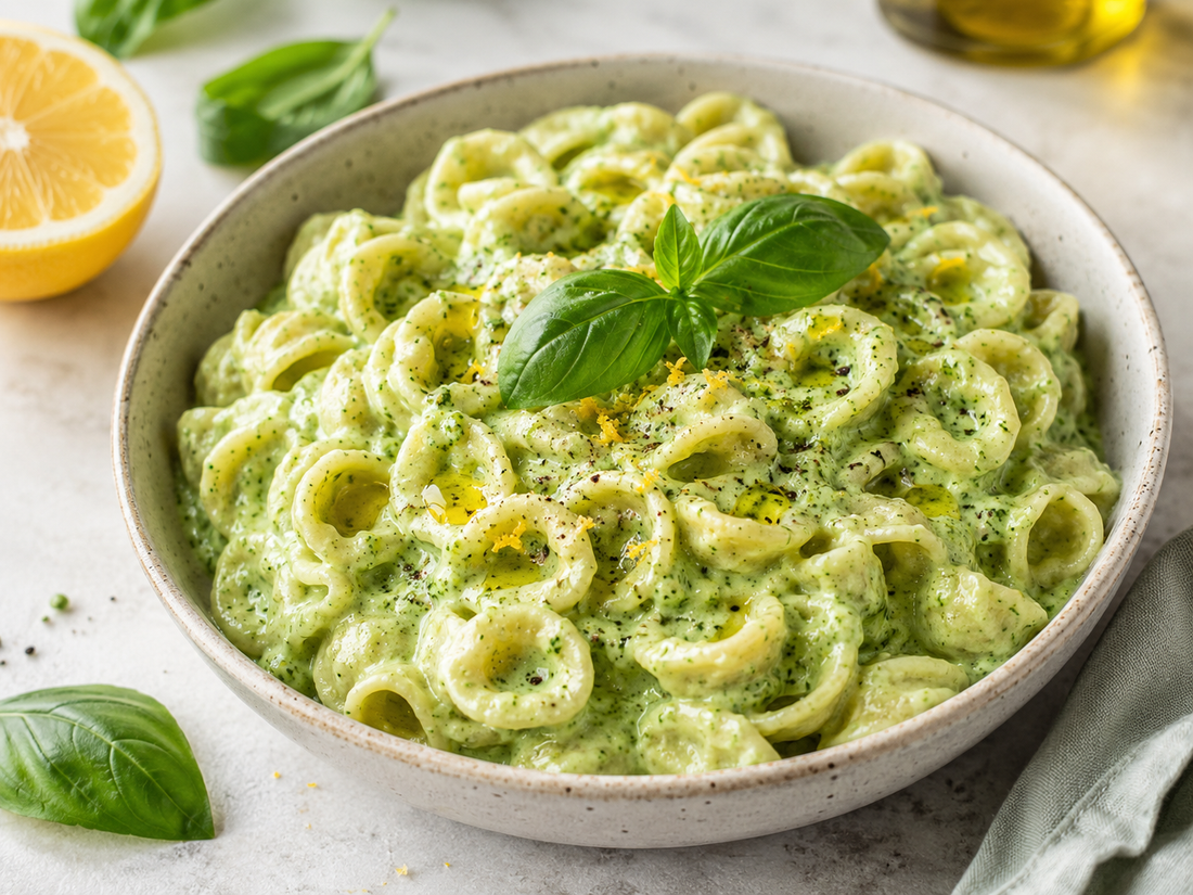 Bowl of creamy basil avocado pasta made with orecchiette, garnished with fresh basil, lemon zest, cracked black pepper, and a drizzle of olive oil.