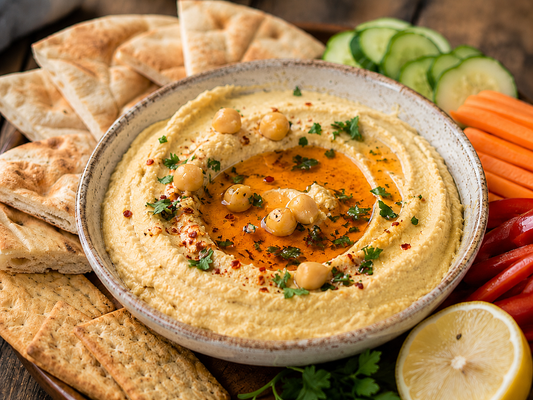 A bowl of garlic chili lemon hummus on a platter with pita, crackers and fresh vegetables.