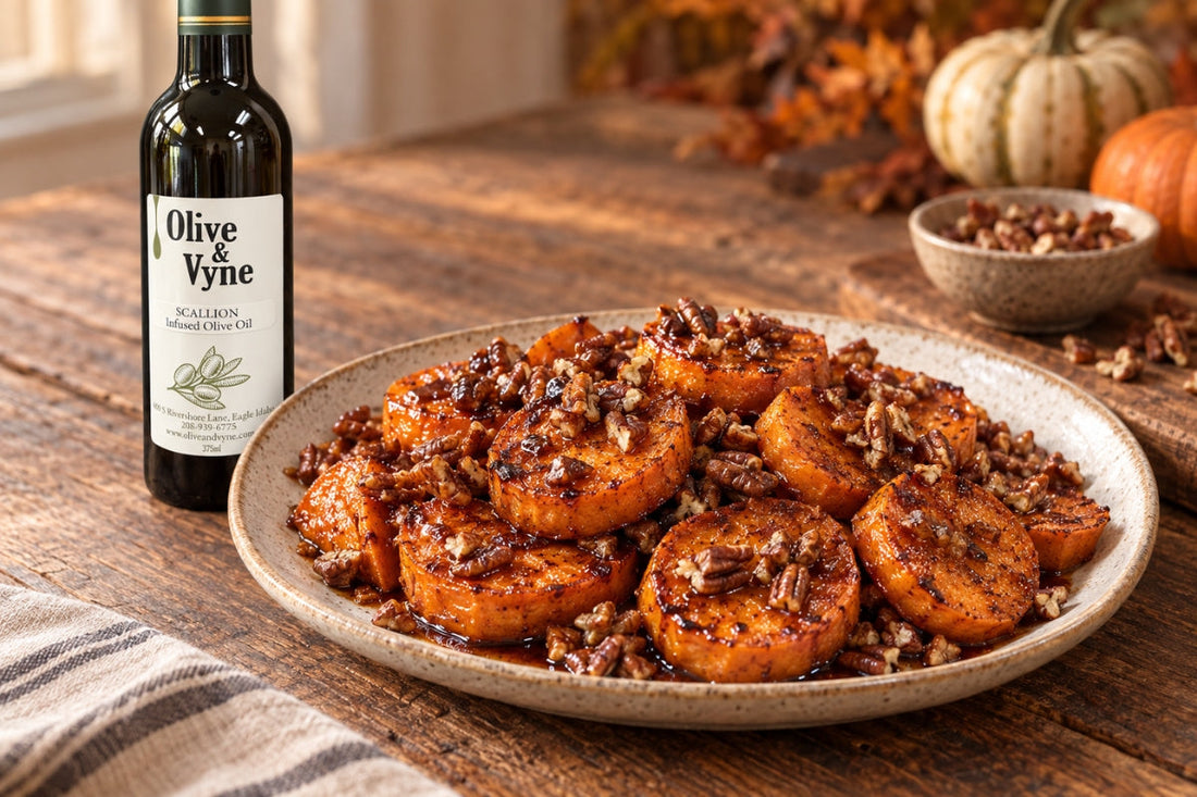 Maple balsamic roasted sweet potato rounds topped with chopped pecans beside a bottle of Olive & Vyne Scallion Infused Olive Oil.