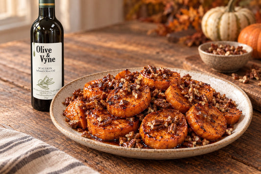 Maple balsamic roasted sweet potato rounds topped with chopped pecans beside a bottle of Olive & Vyne Scallion Infused Olive Oil.