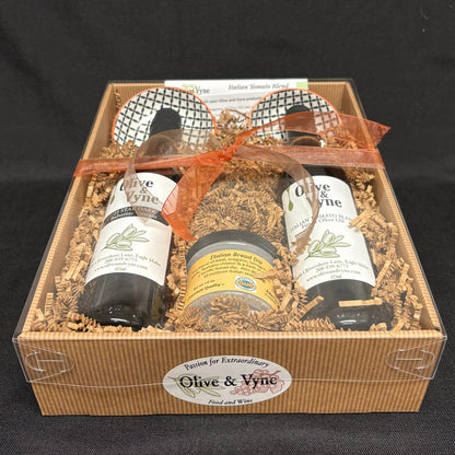 Bread dipping gift set with 25 Star Dark Balsamic and Italian Tomato Fused Olive Oil in a clear-lidded box with coordinated ribbon.