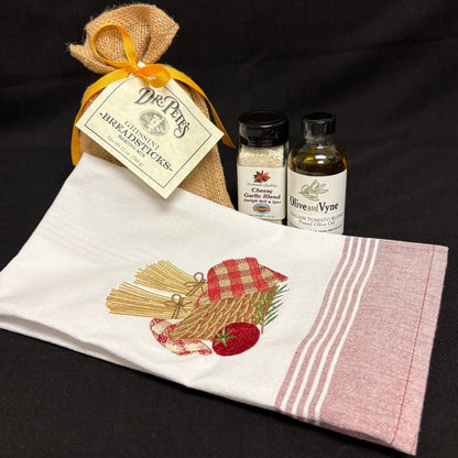 Breadstick baking mix gift set with Italian Tomato Blend Olive Oil, Cheesy Garlic Blend, and locally embroidered cotton towel.