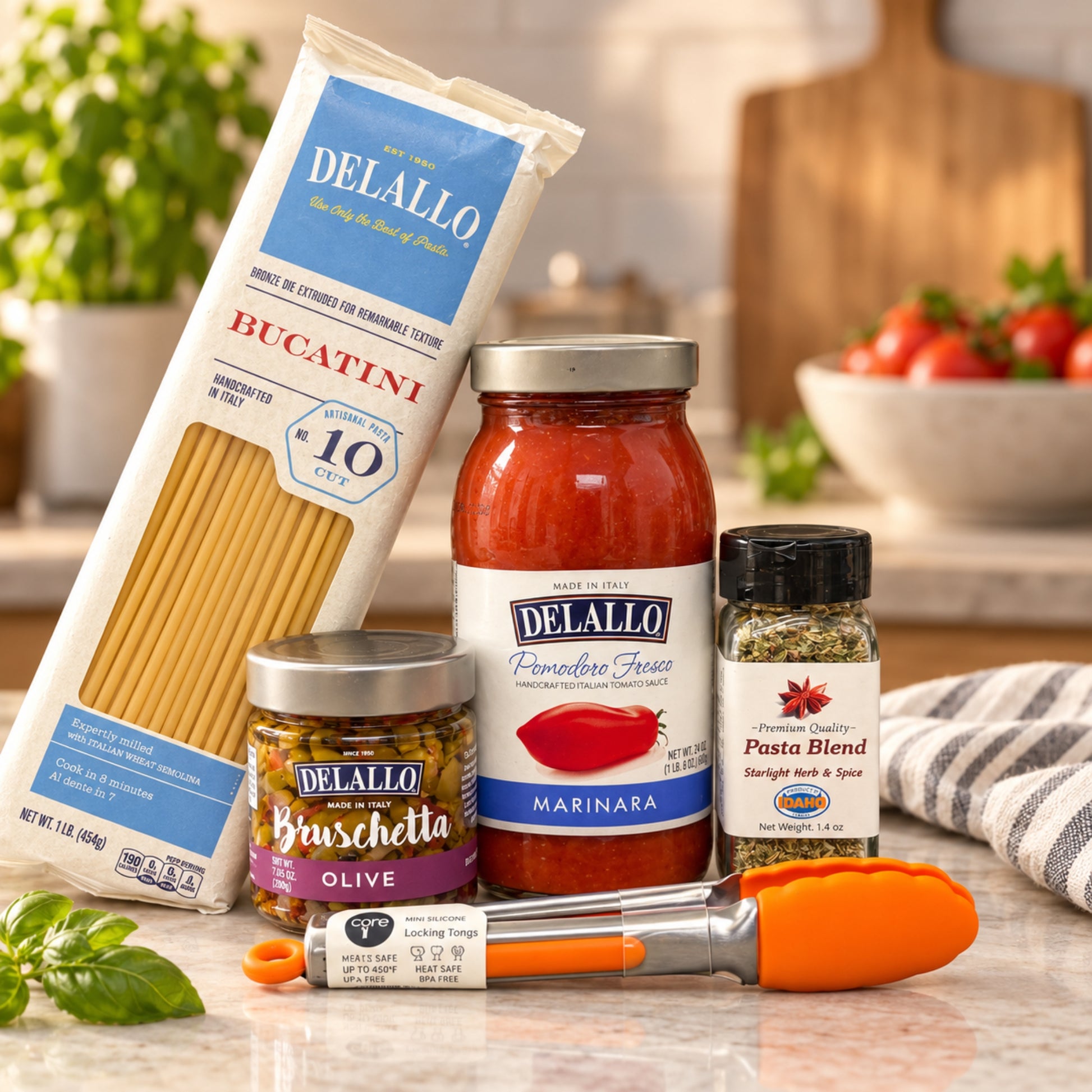 DeLallo Bucatini, marinara, olive bruschetta, Pasta Blend seasoning, and mini locking tongs styled on a warm kitchen counter.