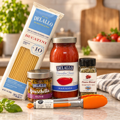 DeLallo Bucatini, marinara, olive bruschetta, Pasta Blend seasoning, and mini locking tongs styled on a warm kitchen counter.
