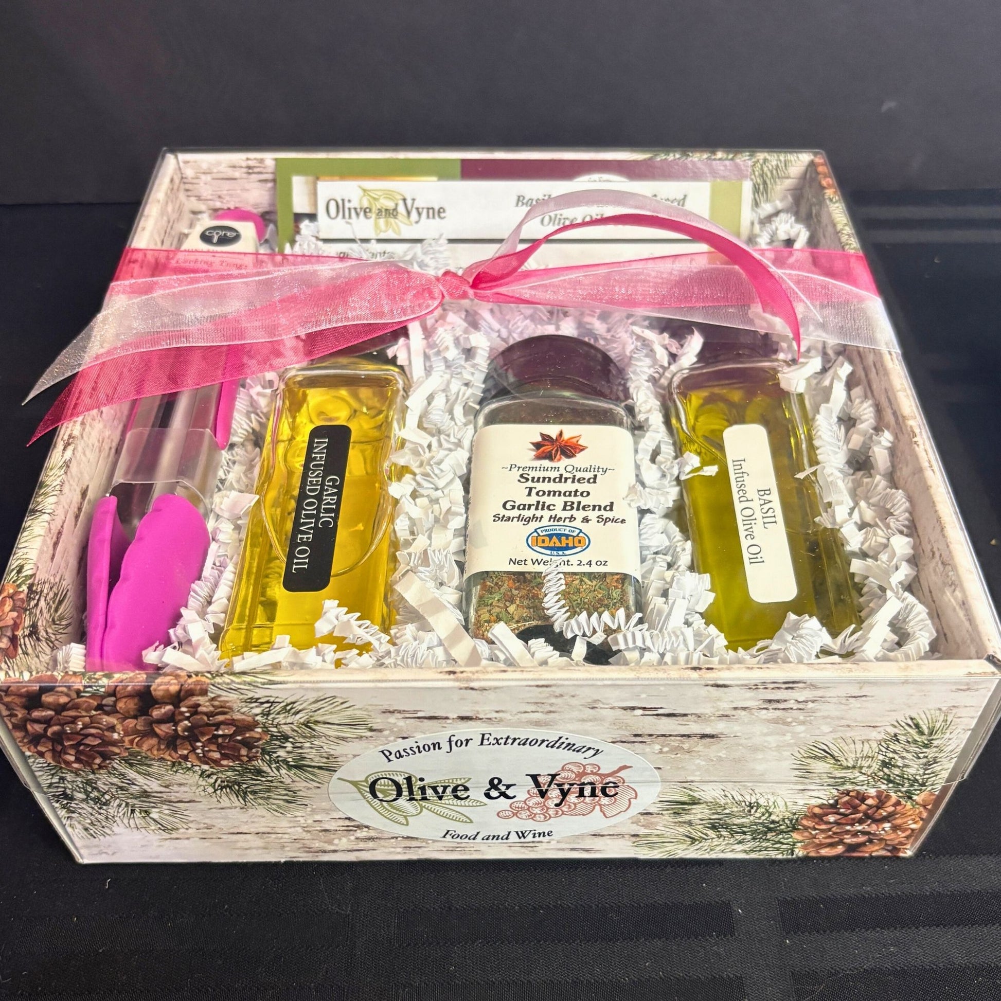 Basil & Garlic Pasta Lovers Gift Box with two infused olive oils, sun-dried tomato & garlic seasoning, mini tongs, and recipe card in an 8×8 box