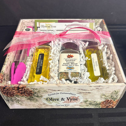Basil & Garlic Pasta Lovers Gift Box with two infused olive oils, sun-dried tomato & garlic seasoning, mini tongs, and recipe card in an 8×8 box