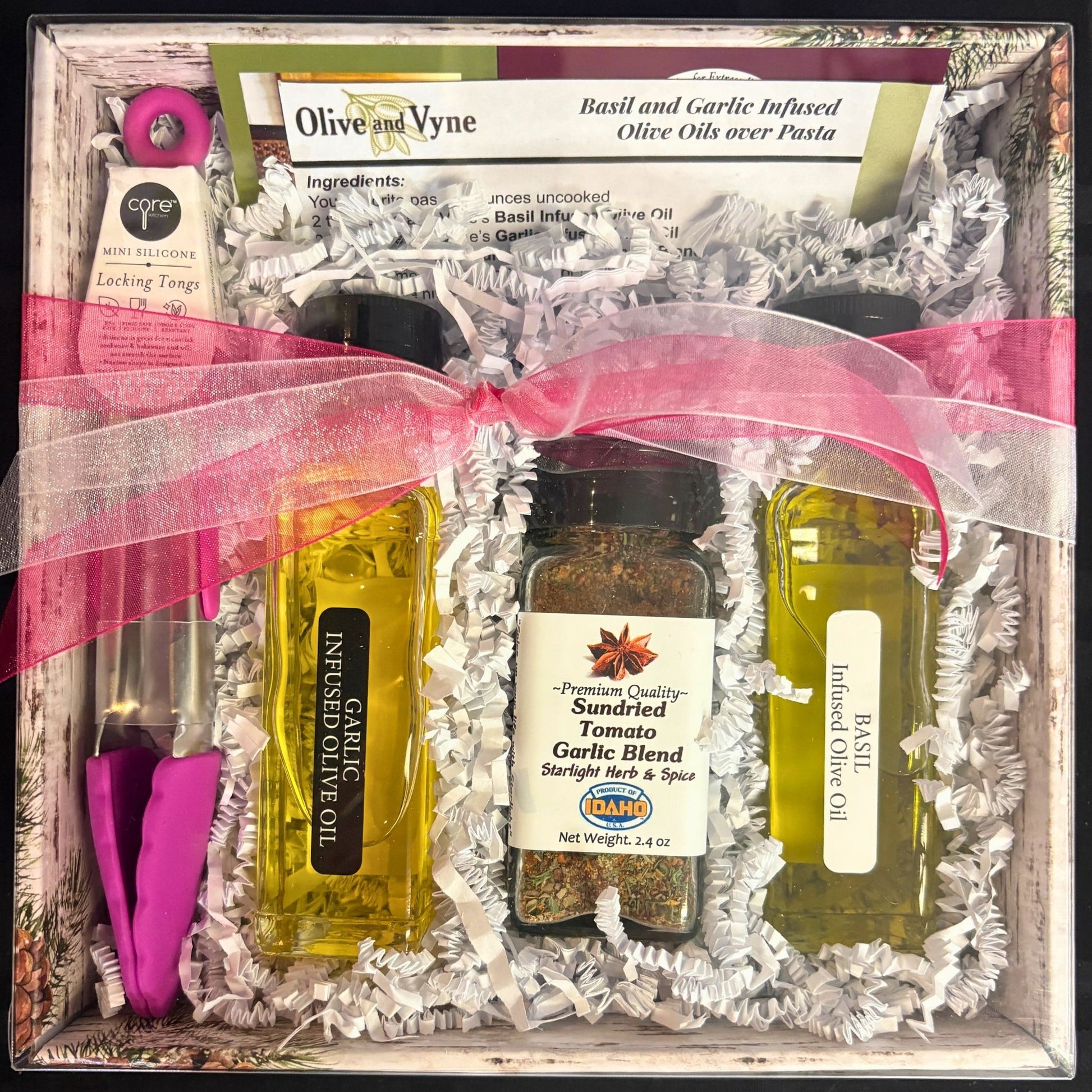 Basil & Garlic pasta kit boxed with bow; recipe card included