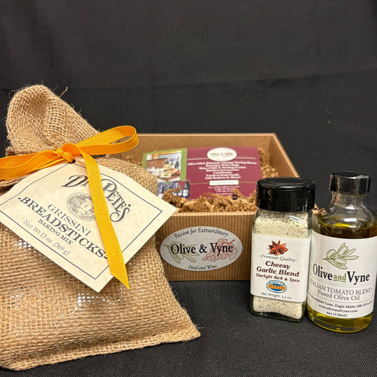 Dr. Pete’s Grissini Breadsticks Baking Mix with Italian Tomato Blend Fused Olive Oil and Starlight Herb & Spice Cheesy Garlic Blend.