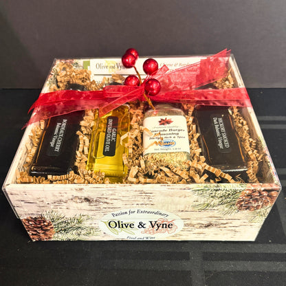 Gourmet BBQ gift set with cherry and hickory balsamic vinegars, infused olive oil, and burger seasoning in holiday box