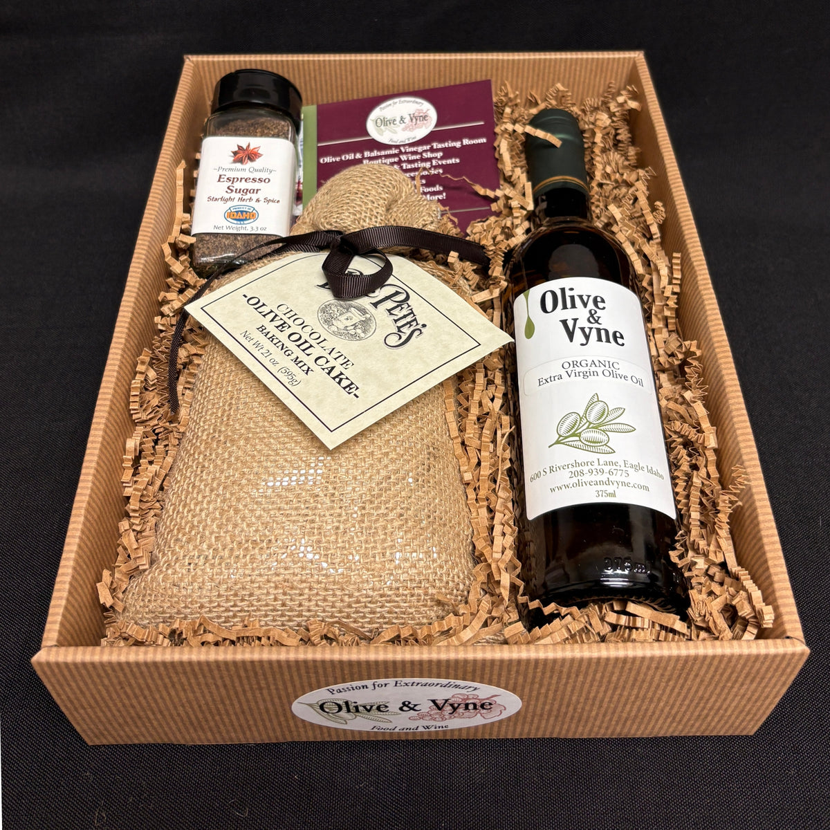 Chocolate Olive Oil Cake Mix gift box with Dr. Pete’s baking mix, Organic Extra Virgin Olive Oil, Espresso Sugar, and gift packaging.