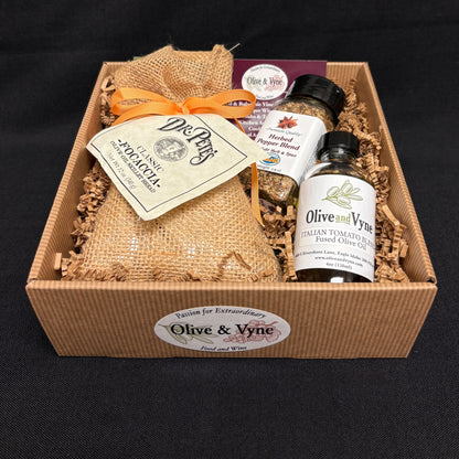 Classic Focaccia Bread Mix gift box with Italian Tomato Blend Fused Olive Oil, Herbed Pepper Blend, and coordinated gift packaging.