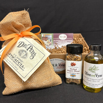 Dr. Pete’s Classic Focaccia Bread Mix with Italian Tomato Blend Fused Olive Oil and Starlight Herb & Spice Herbed Pepper Blend.