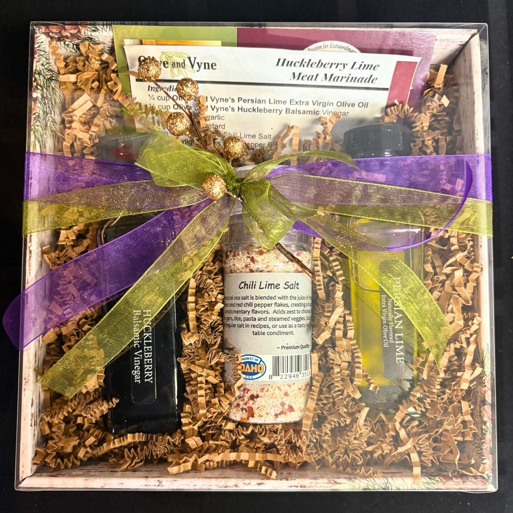 Huckleberry Balsamic and Persian Lime Olive Oil marinade set with Chili Lime Salt grinder