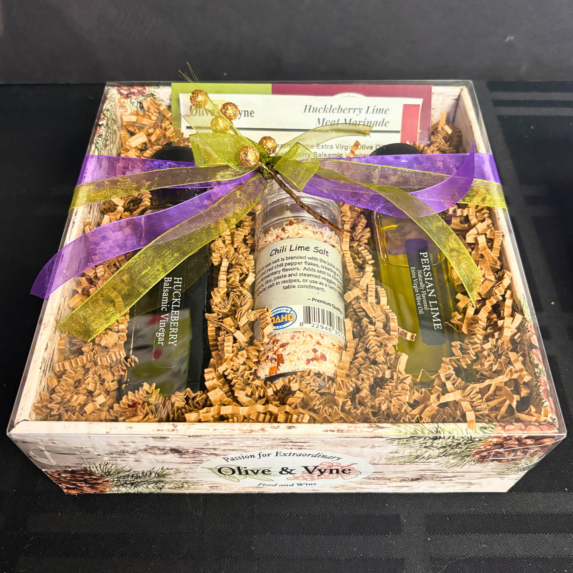 Huckleberry & Lime Marinade Gift Box with Huckleberry Balsamic, Persian Lime Olive Oil, and Chili Lime Salt grinder