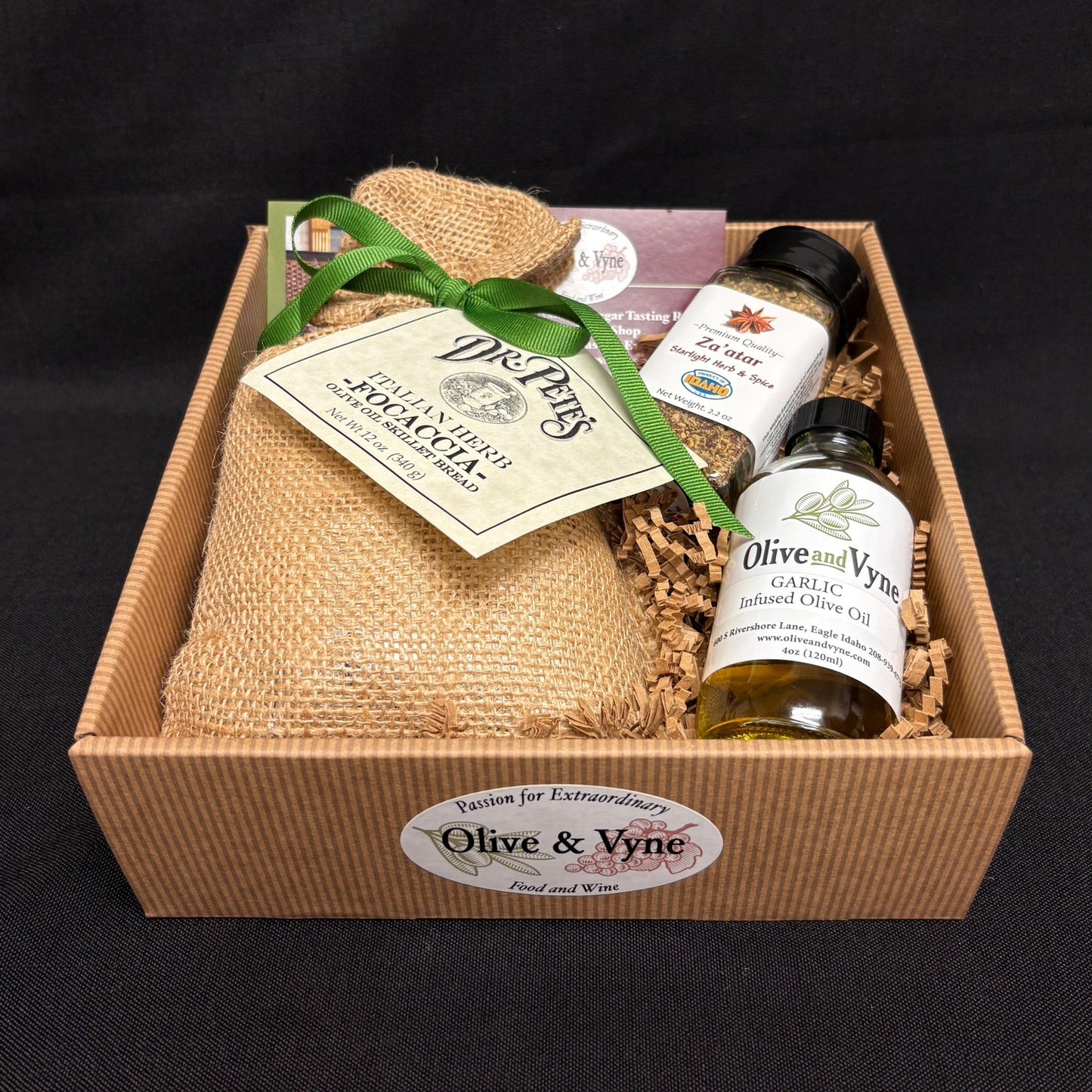 Italian Herb Focaccia gift box with Dr. Pete’s focaccia mix, Garlic Infused Olive Oil, Za’atar seasoning, and gift packaging.