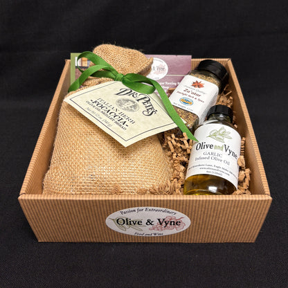 Italian Herb Focaccia gift box with Dr. Pete’s focaccia mix, Garlic Infused Olive Oil, Za’atar seasoning, and gift packaging.