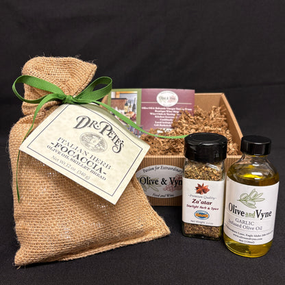Dr. Pete’s Italian Herb Focaccia Bread Mix with Garlic Infused Olive Oil and Starlight Herb & Spice Za’atar seasoning.