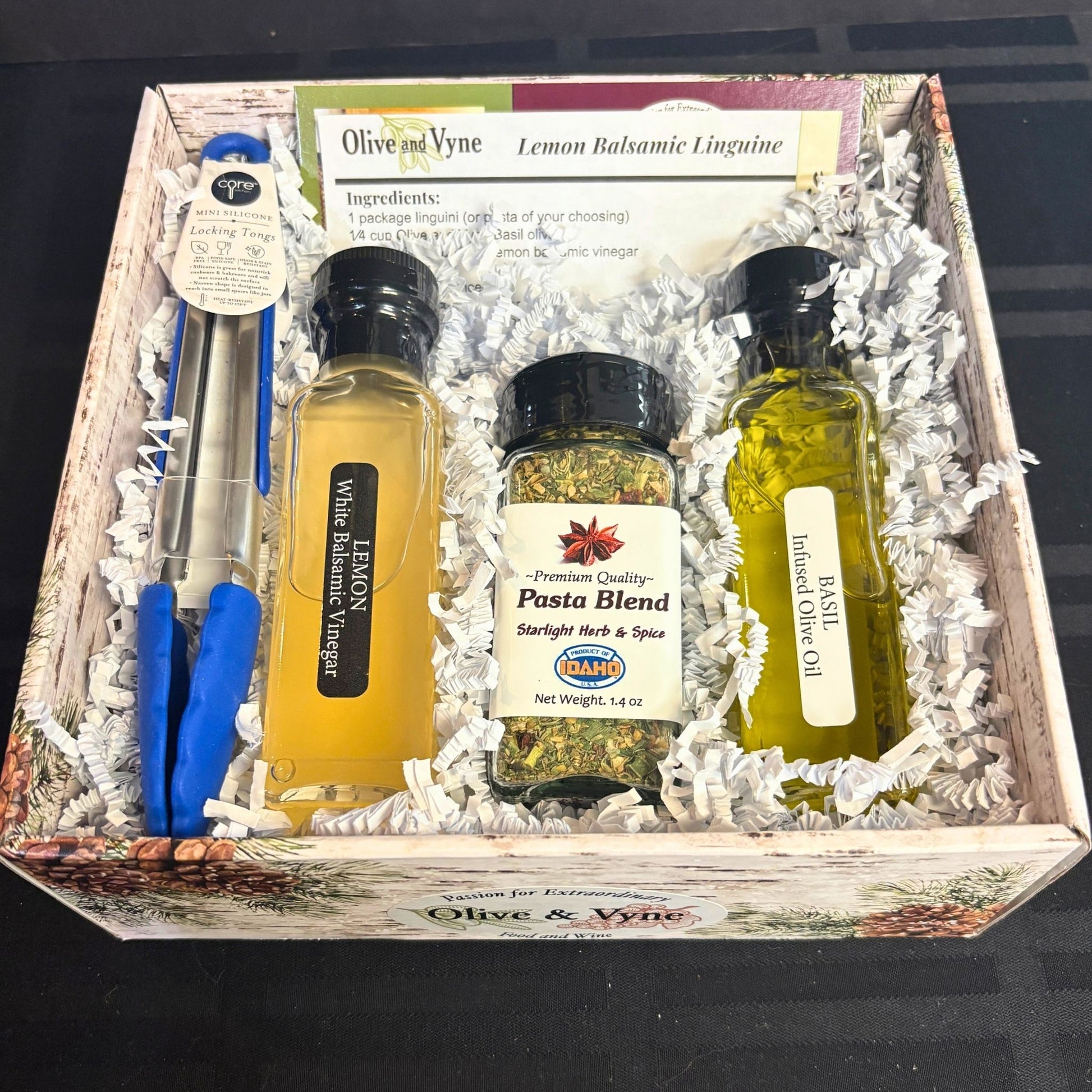 Lemon Balsamic Pasta Lovers Gift Box with Lemon White Balsamic, Basil EVOO, Pasta Blend seasoning, mini tongs, and recipe card in an 8×8 box