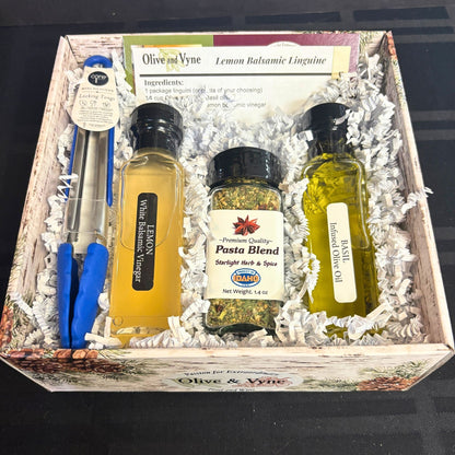 Lemon Balsamic Pasta Lovers Gift Box with Lemon White Balsamic, Basil EVOO, Pasta Blend seasoning, mini tongs, and recipe card in an 8×8 box