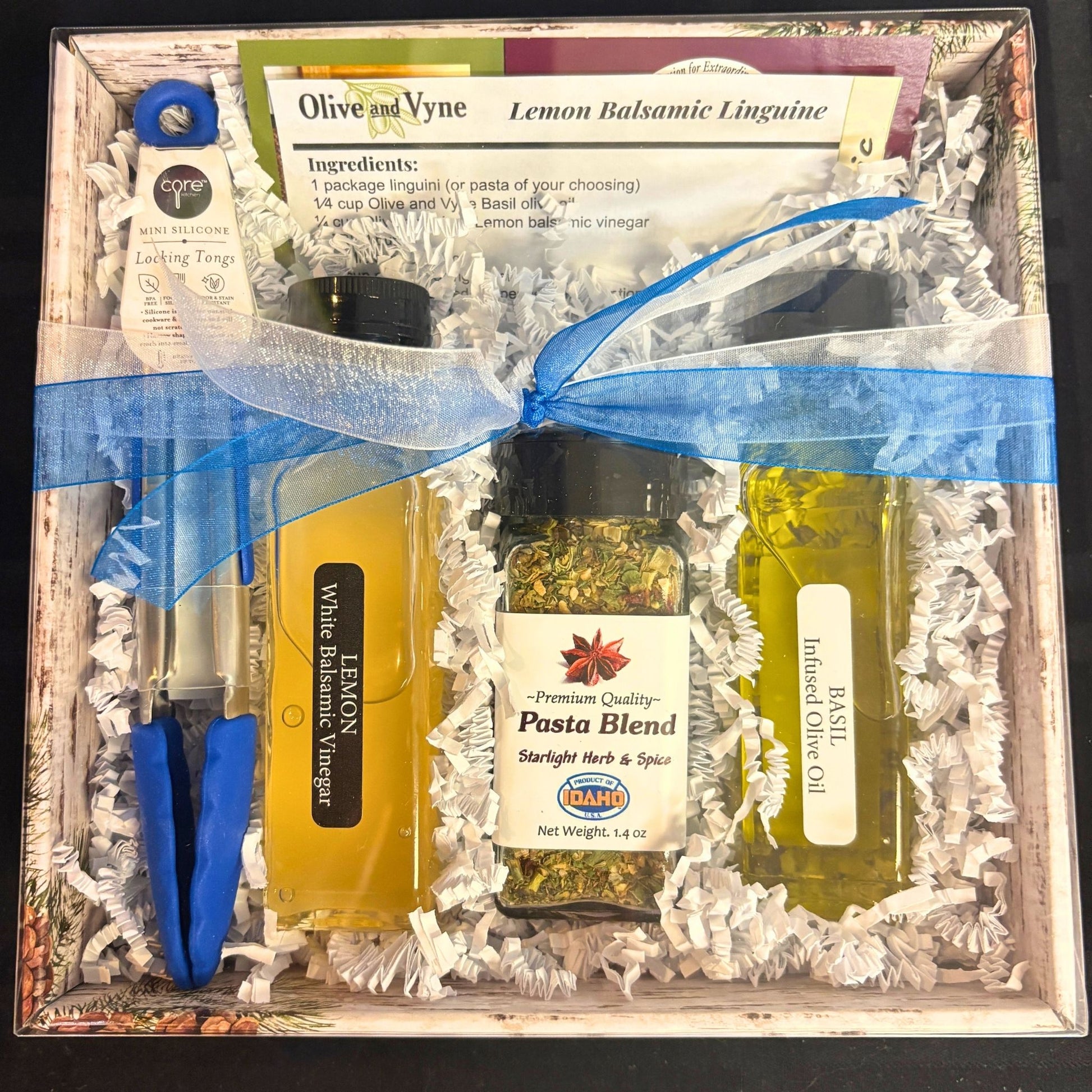 Lemon Balsamic pasta kit boxed with bow; recipe card included