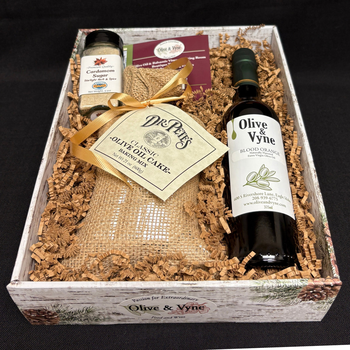 Classic Olive Oil Cake Mix gift box with Blood Orange Olive Oil, Cardamom Sugar, and coordinated gift packaging.