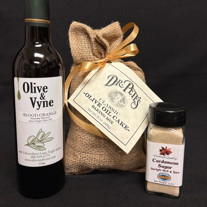 Dr. Pete’s Classic Olive Oil Cake Mix with 375ml Blood Orange Olive Oil and Starlight Herb & Spice Cardamom Sugar.