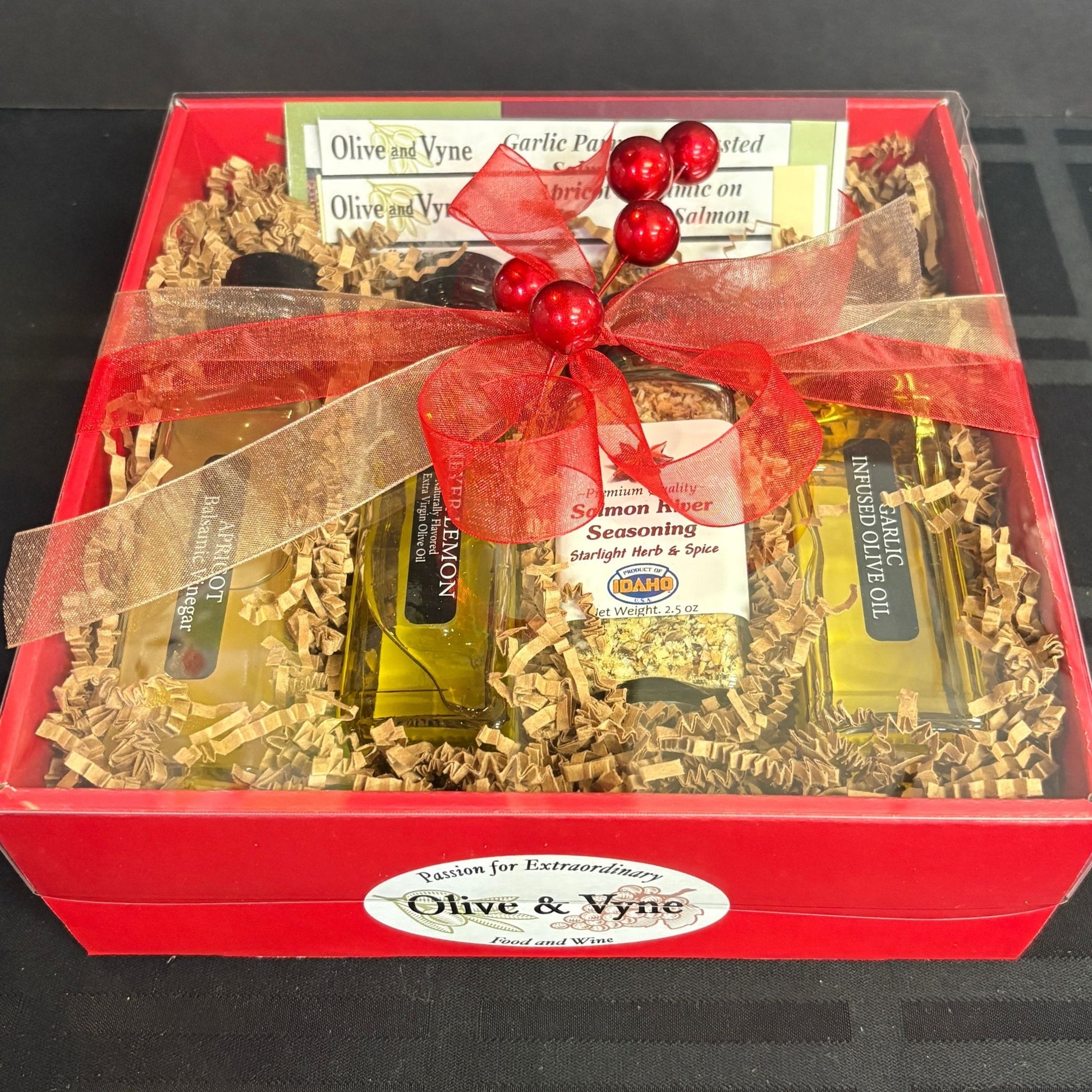 Gourmet seafood gift set—Apricot balsamic, citrus and garlic infused olive oils, Salmon River seasoning, recipe cards in 8×8 box