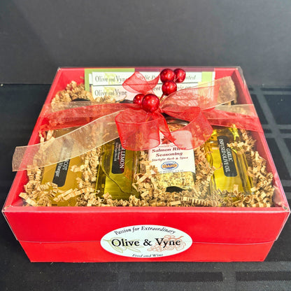 Gourmet seafood gift set—Apricot balsamic, citrus and garlic infused olive oils, Salmon River seasoning, recipe cards in 8×8 box
