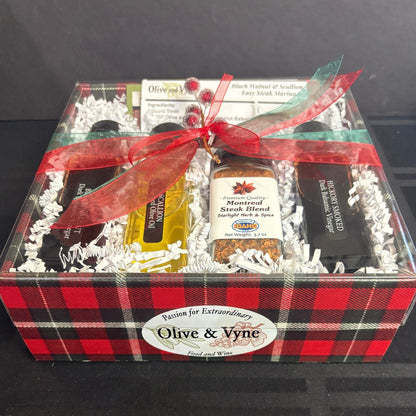 Gourmet steak gift set—balsamics, infused olive oil, steak seasoning, and recipe cards in 8×8 box