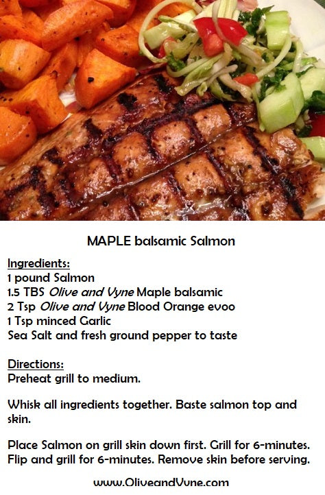 Maple balsamic salmon recipe from Olive and Vyne, Star Idaho