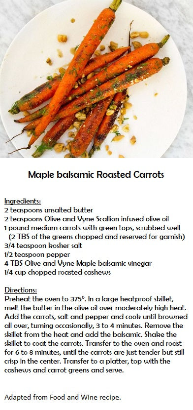 Maple balsamic carrot recipe from Olive and Vyne in Eagle Idaho